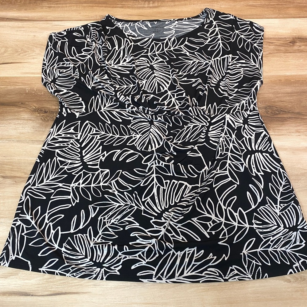 Lane Bryant Black White Leaf Print Ruched Waist Tunic Top Plus Size 14 16